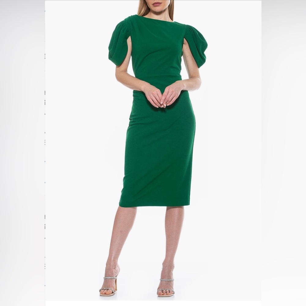 NWT, L, GREEN, Alexia Admor, Draped shoulder short/midi sheath dress